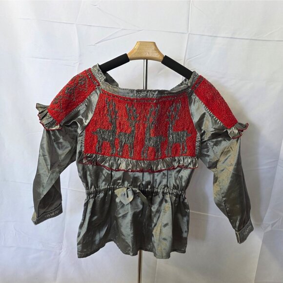 Handcrafted Mexican Blouse With Red Embroidered Reindeer Design & Elastic Waist - Picture 1 of 6